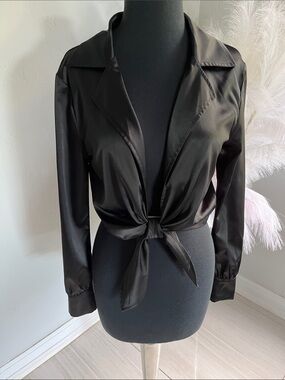 Black Satin Tie-Front Blouse